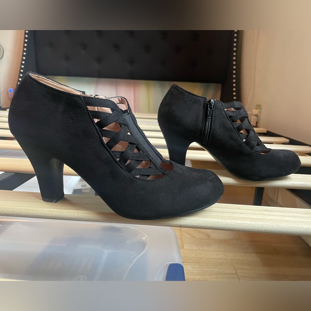 Black Suede Cage Heels Wide 8 1/2